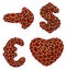 Symbol collection arrow, dollar , euro, heart made of 3d render red diamond.