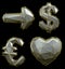 Symbol collection arrow, dollar, euro, heart made of 3d render silver color. Collection of gold low polly style symbol