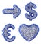 Symbol collection arrow, dollar, euro and heart made of blue plastic. 3d rendering