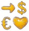 Symbol collection arrow, dollar, euro, heart made of golden shining metallic. Collection of gold shining metallic with