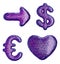 Symbol collection arrow, dollar, euro, heart made of purple plastic. 3d rendering