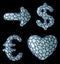 Symbol collection arrow, dollar, euro, heart made of realistic 3d render silver shining metallic.