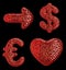 Symbol collection arrow, dollar, euro and heart made of red plastic. 3d rendering