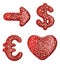 Symbol collection arrow, dollar, euro and heart made of red plastic. 3d rendering