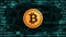 Symbol of crypto currency bitcoin on the background of binary code and printed circuit board