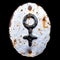 Symbol female made of forged metal on the background fragment of a metal surface with cracked rust.