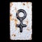 Symbol female made of forged metal on the background fragment of a metal surface with cracked rust.