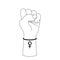 Symbol of feminism raised fist. Hand with a bracelet in the form of a mirror of Venus. Happy Women`s Day. March 8.