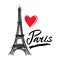 Symbol France-Eiffel tower, heart and word Paris. French capital