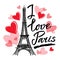 Symbol France-Eiffel tower, hearts and phrase I love Paris