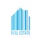 Symbol of house with barcode design and real estate label. Mortgage market and service theme. Blue vector illustration