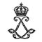 The symbol of the king in the form of crossed monograms and a crown. Heraldic French standard.. Black vector emblem and royal