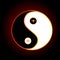 symbol logo  ying and yang  concocted in a style of fiery lines  isolated against a black background of red circle elements