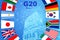 Symbol of meeting of club of governments, heads of central banks of advanced economies, G20 Summit on blue technological business