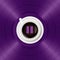Symbol of musical pause and cup of coffee on bright purple vinyl record background. The concept of music and coffee