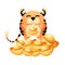 Symbol of the new 2022 Chinese New Year stands on mountain of golden bars. Ginger tiger holding a shiny ingot of gold