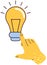 Symbol of new idea, creative project, brainstorming, search for solution. Hand poits to light bulb