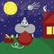 Symbol of the new year 2020, rat or mouse, has picnic outdoors at night and staring on sky with moon and stars. Cartoon style digi