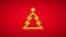 The symbol of New Year and Christmas on a red background. Gold glossy Christmas tree with metal star. 3D animation of rotation.