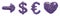 Symbol plastic set arrow, dollar, euro, heart made of 3d render plastic shards purple color.