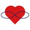 Symbol of polyamory. Heart and infinity. Endless love. White background and red heart with an infinity sign in blue