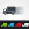 Symbol of rate of delivery, icon speed shipping of box, silhouette of truck. Green, grey, blue, red and white color.