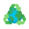 Symbol of recycling around green planet earth globe flat design icon for web and mobile, banner, infographics.