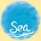 Symbol of the sea ocean trendy print Round composition Beige sand. Summer sea shells, molluscs on blue abstract background. Circle