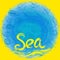 Symbol of the sea ocean trendy print Round composition Beige sand. Summer sea shells, molluscs on blue yellow abstract background.