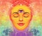 Symbol of spiritual awakening, opening of the third eye. Meditation, Zen. Multicolor portrait of woman with third eye and closed