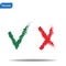 Symbol tick and cross. Isolated red and green checkmark painted with a brush. Grunge. eps10