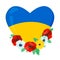 Symbol of Ukraine. A large yellow-blue heart in a flower bouquet of red poppies and blue cornflowers.