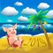 Symbol of the year, piglet, on vacation on the beach