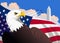 Symbolic American patriotic illustration with the bald eagle, the U.S. flag, The Washington Monument, and military airplanes