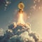 A symbolic Bitcoin rocket soars through clouds, representing a surge in cryptocurrency value. The imagery evokes the