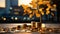 Symbolic financial growth golden tree with coins and banknotes against bokeh cityscape backdrop