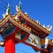 Symbolic gateway soaring into blue sky at Chinese shrine