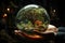 Symbolic glass ball with green plants on the palms of a person. Care for nature
