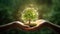 Symbolic green tree in human hands on blurred background. Respect for nature, sustainable energy, care for the