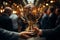 Symbolic hand of teamwork grasps a golden trophy in a business setting