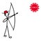 A symbolic little man shooting an arrow from a bow at the Covid-19 coronavirus molecule.