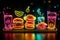 Symbolic neon food and drink icons shine in speech bubble, sparking appetite.