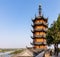 Symbolic octagonal Cishou Pagoda on the hill top with seven stories in historic Buddhist Jinshan Temple