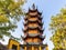 Symbolic octagonal Cishou Pagoda on the hill top with seven stories in historic Buddhist Jinshan Temple