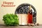 Symbolic Pesach items on wooden table against color background.