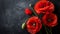 Symbolic red poppies on black background for remembrance day, armistice day, anzac day symbolization