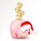 Symbolic shiny metal golden money coins with new year numbers 2019 falling into money pig bank. Conceptual realistic vector illust