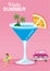 Symbolic summer vacation image, Cute cocktail and Bikini woman who holding surfboard, Convertible - Included words â€œHello Summer