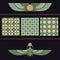 Symbols of ancient Egypt beetle-scarab and winged sun with a collection of seamless patterns for Egyptian motifs