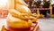 Symbols of Buddhism. Hands of buddist statues. South-Eastern Asia.